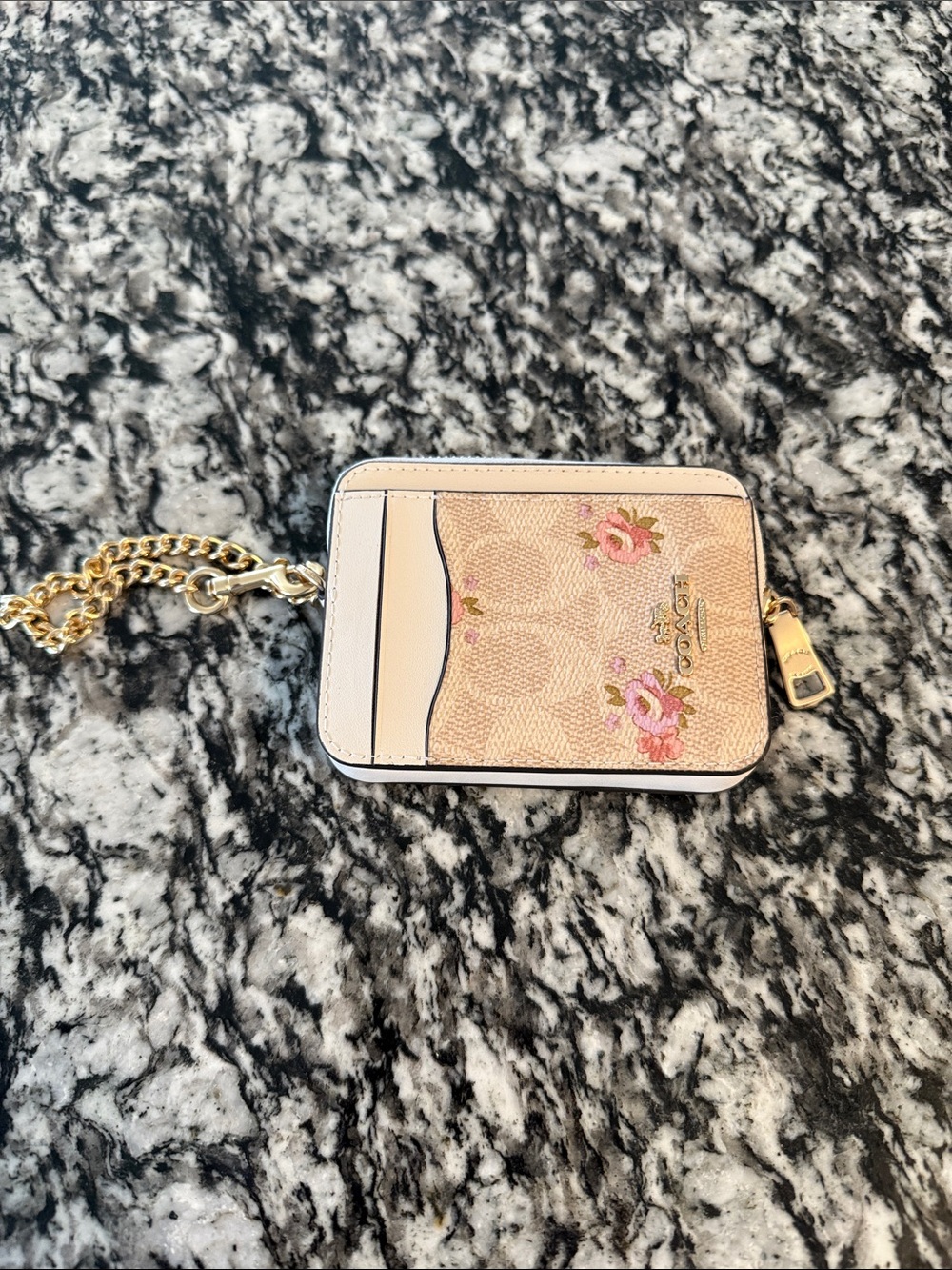 Coach Pink Floral Card Case with Gold Chain